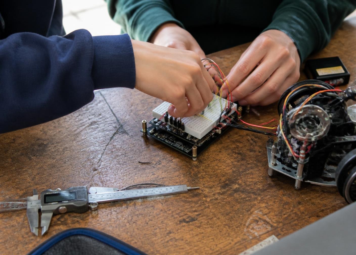 A student wiring a small robot at a workbench.